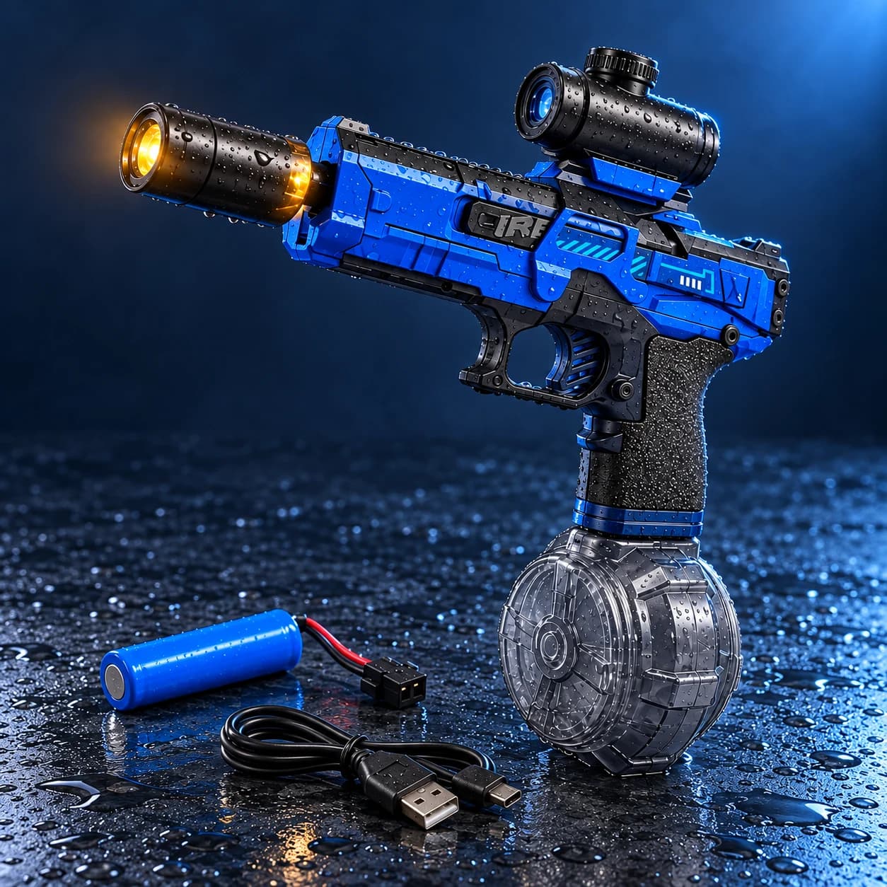 Composição ilustrativa de uma AquaBlast Azul, com tambor, bateria e cabo USB