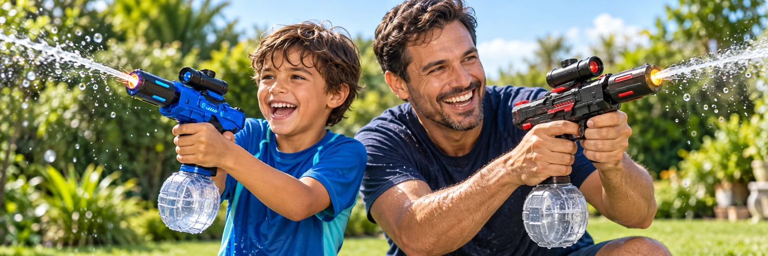 Imagem ilustrativa de pai e filho brincando com AquaBlast preto e azul no jardim